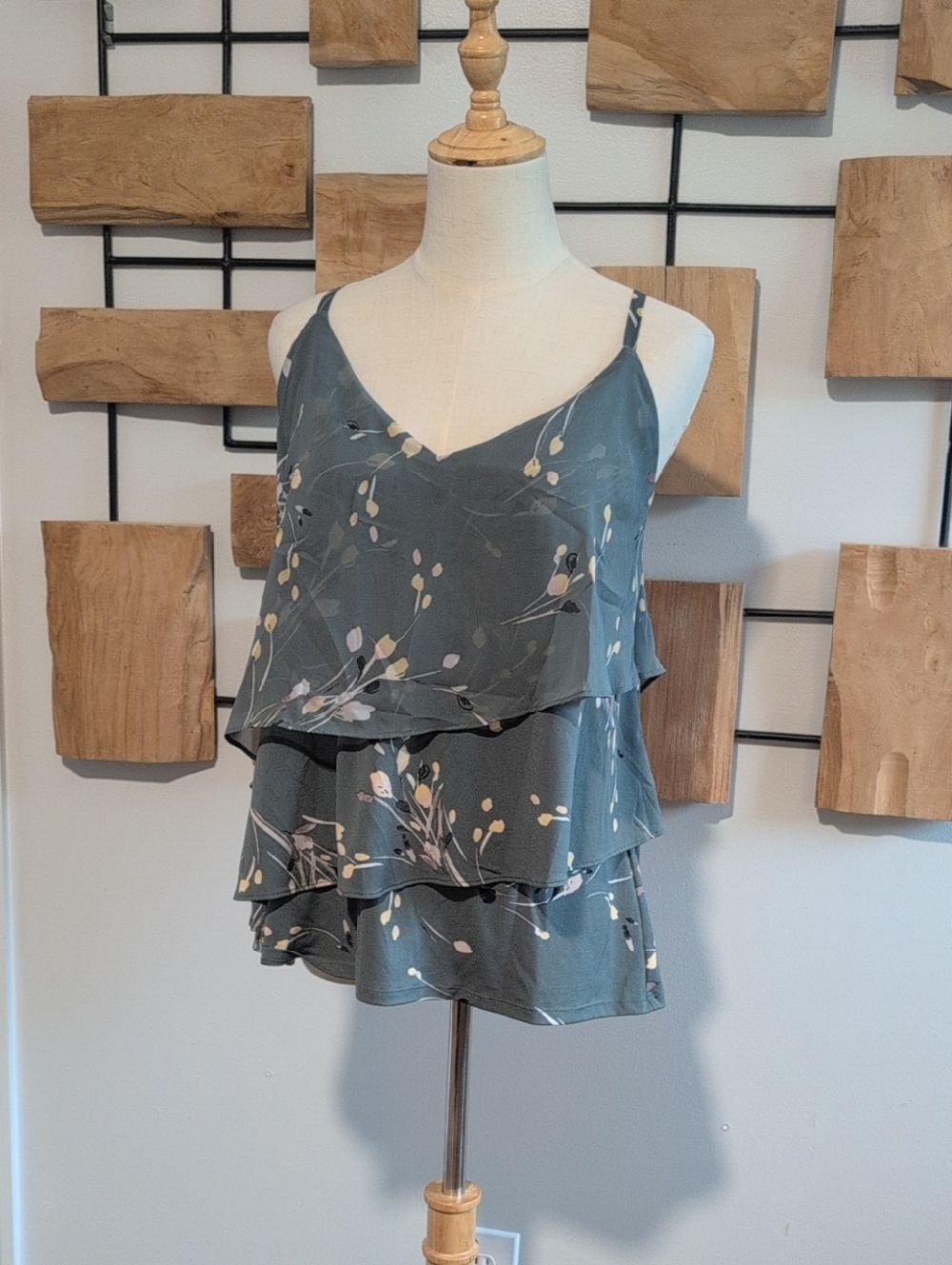 White House Black Market Slate Blue Floral Tiered V-Neck Cami